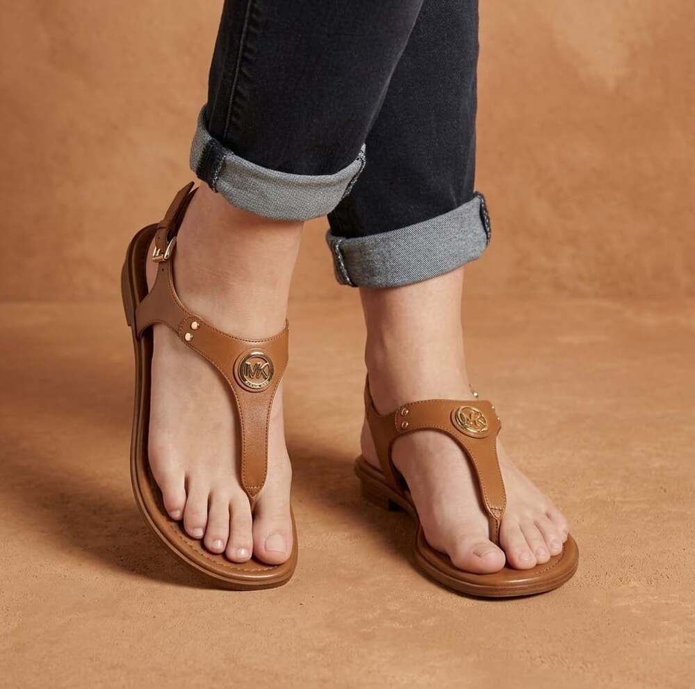 Michael Kors Mandy Leather Logo T-Strap Slingback Sandals Brown